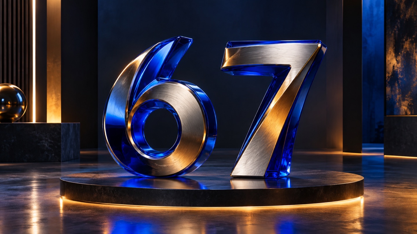 Stilisierte blaue und goldene Designobjekte in Form der Ziffern sechs und sieben.